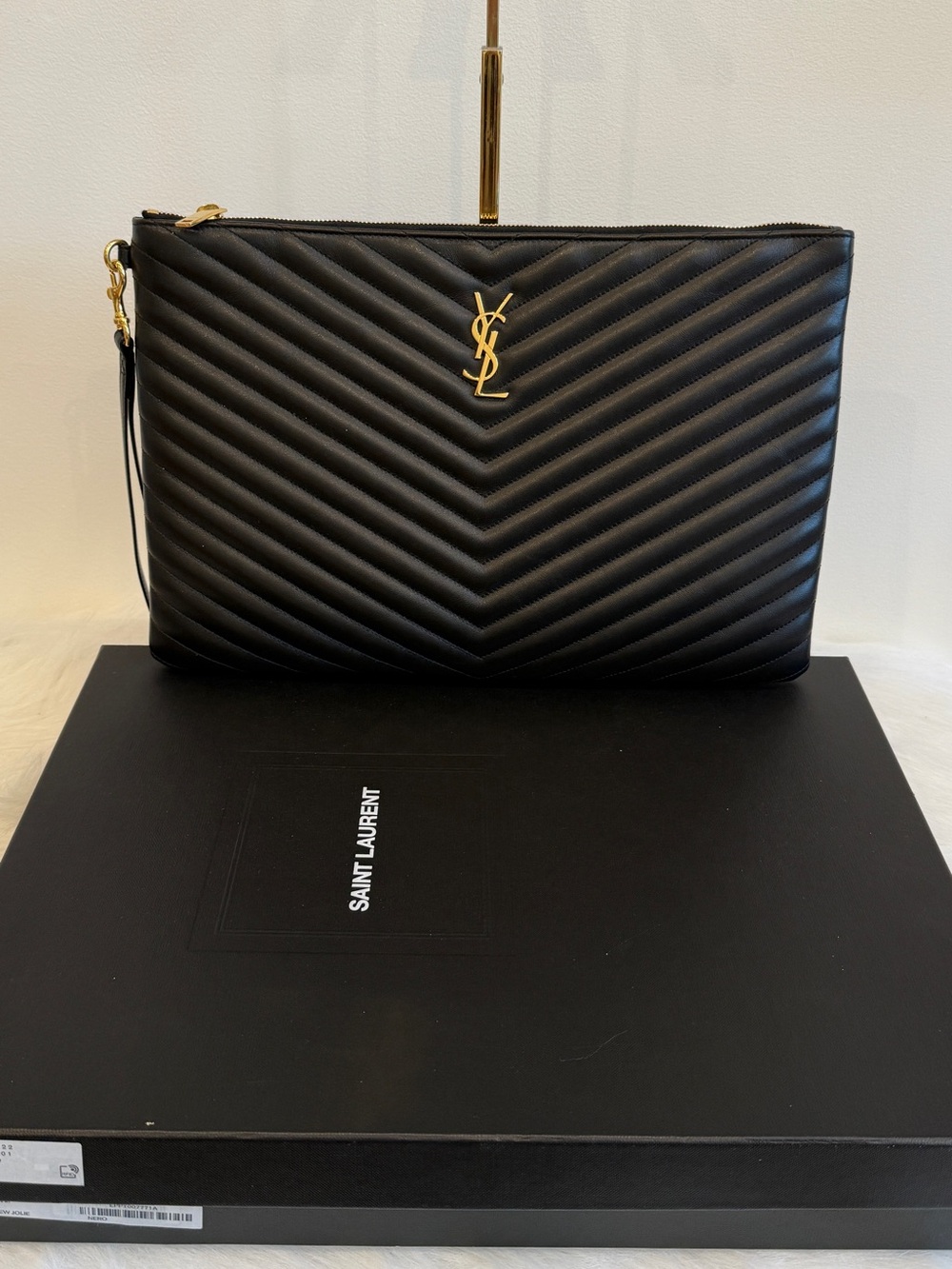 Saint Laurent Black Quilted Chevron Lambskin Clutch with Gold YSL